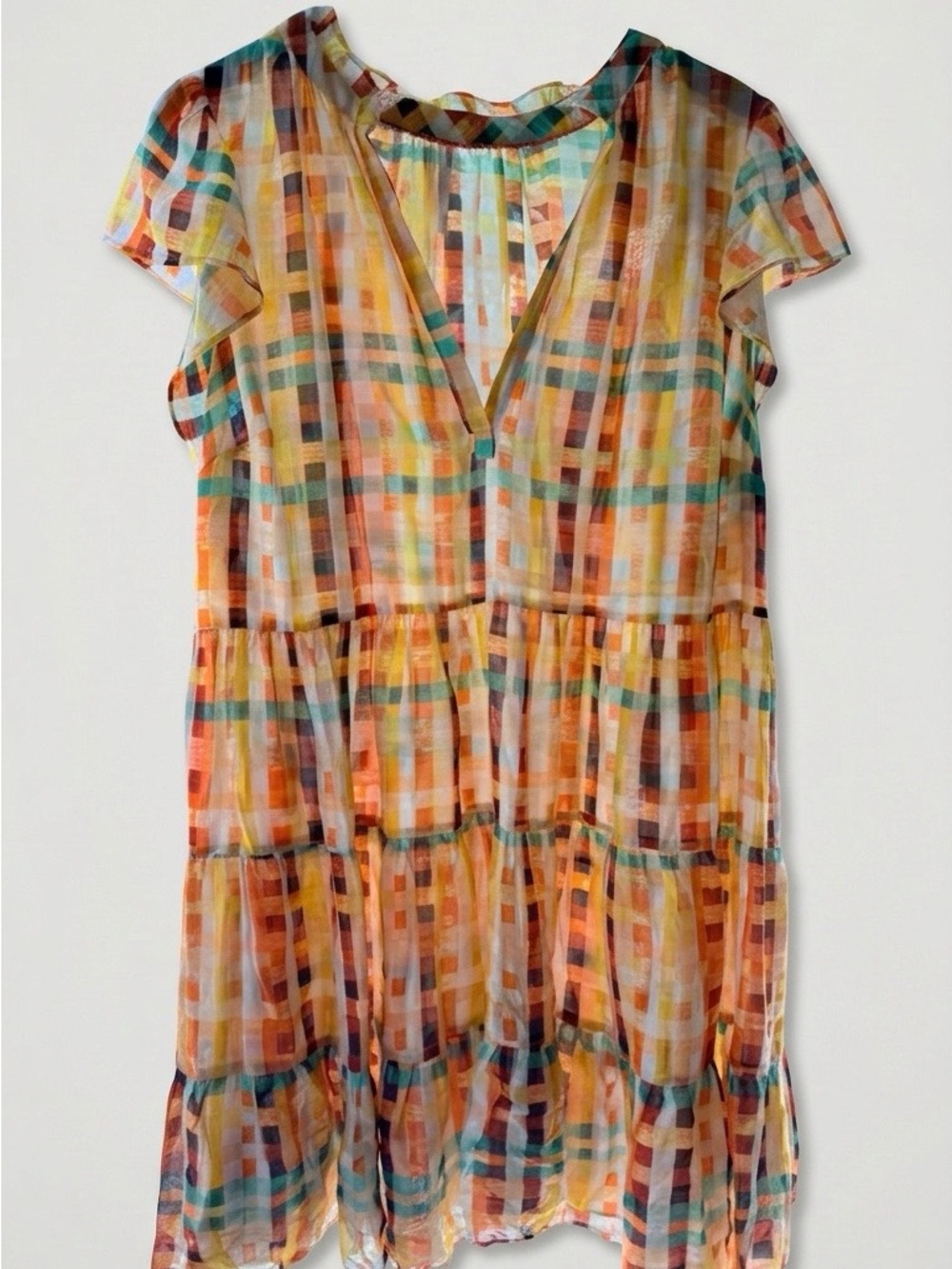Anthropologie Plaid Tiered Short-Sleeve Dress - Women's XL